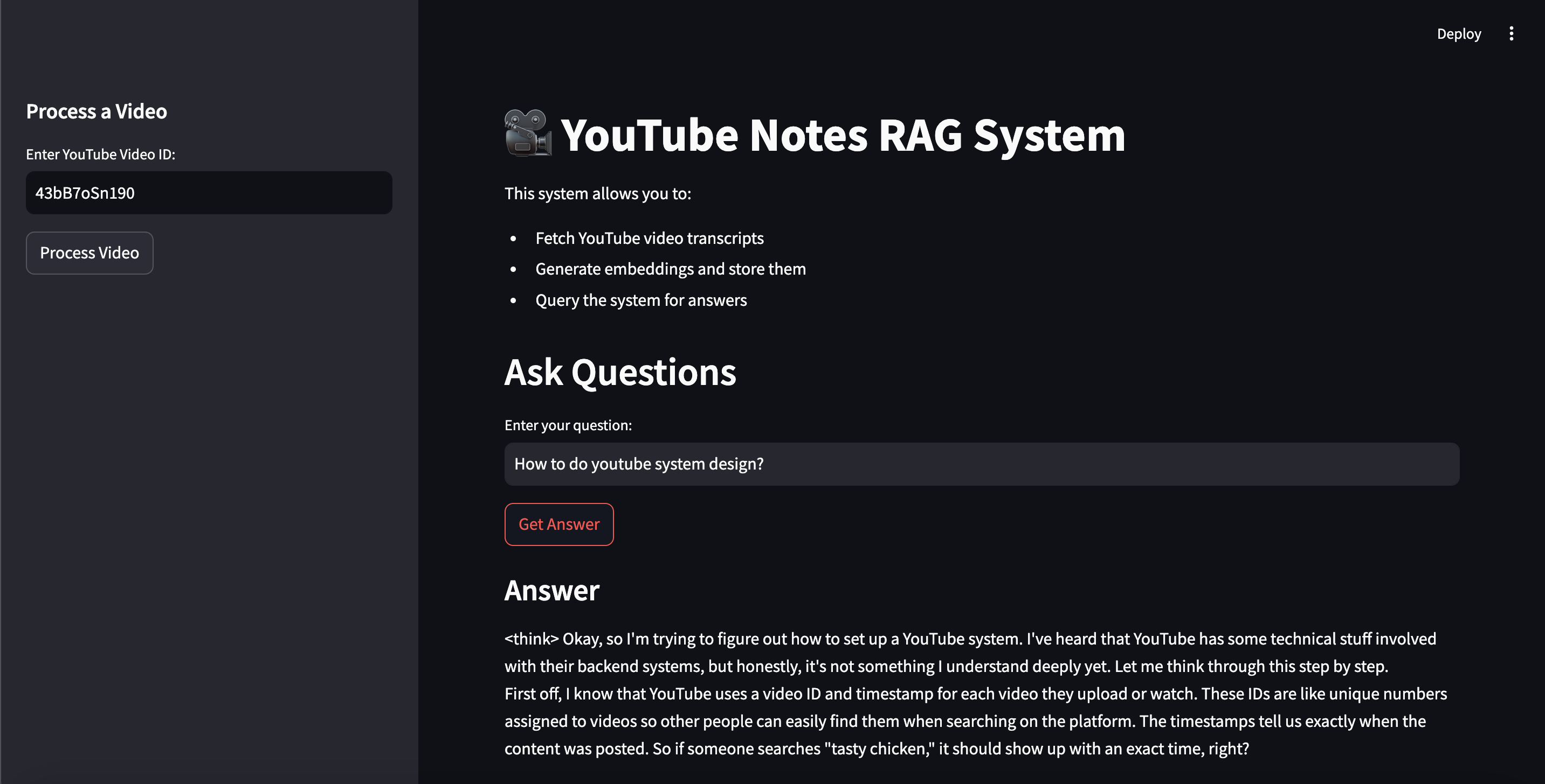 YouTube RAG System Interface